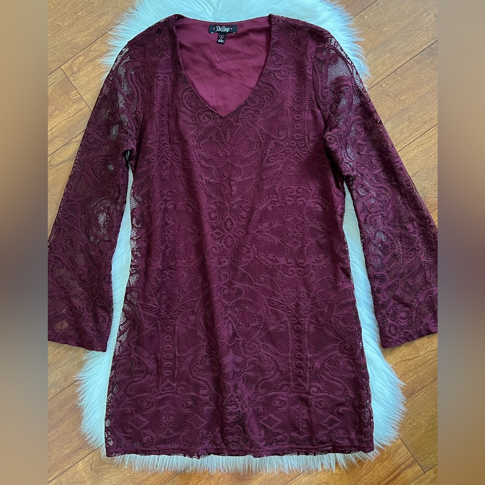 BeBop Maroon V-Neck Long Sleeve Lace Dress-Size S